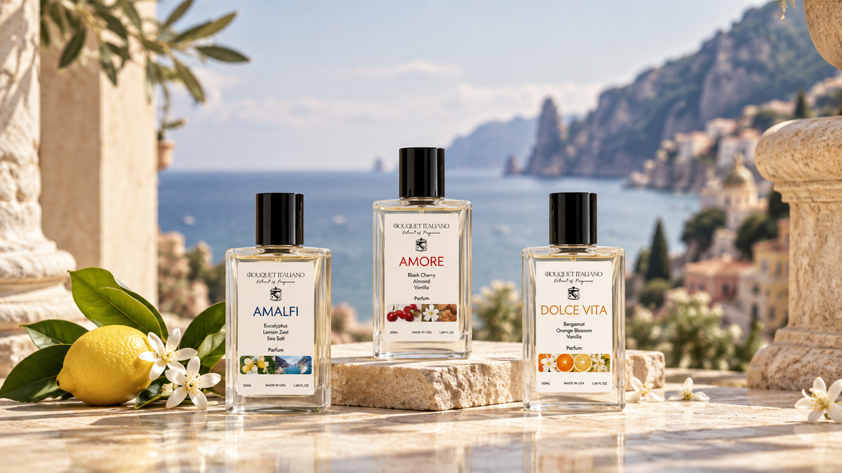 Bouquet Italiano Travel Perfume collection on an Italian coastal terrace