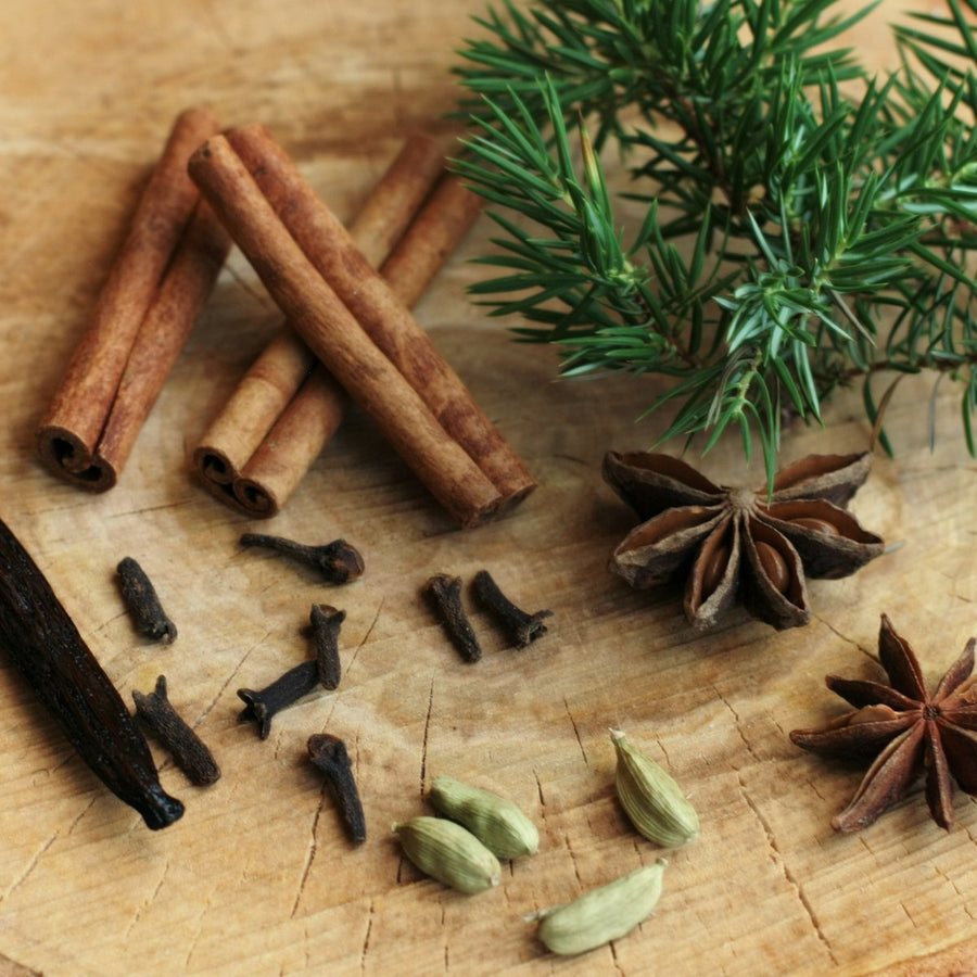 Cinnamon sticks, star anise, cloves, cardamom and a fir sprig on a wooden board, autumn and winter scents