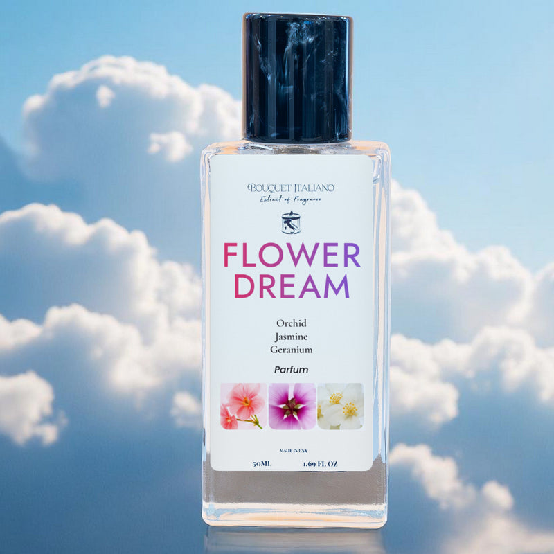 FLOWER DREAM Luxury Travel Perfume 50 mL bottle with black cap, set against clouds