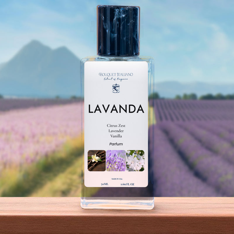 LAVANDA Luxury Travel Perfume 50 mL bottle with black cap, lavender fields and mountains behind