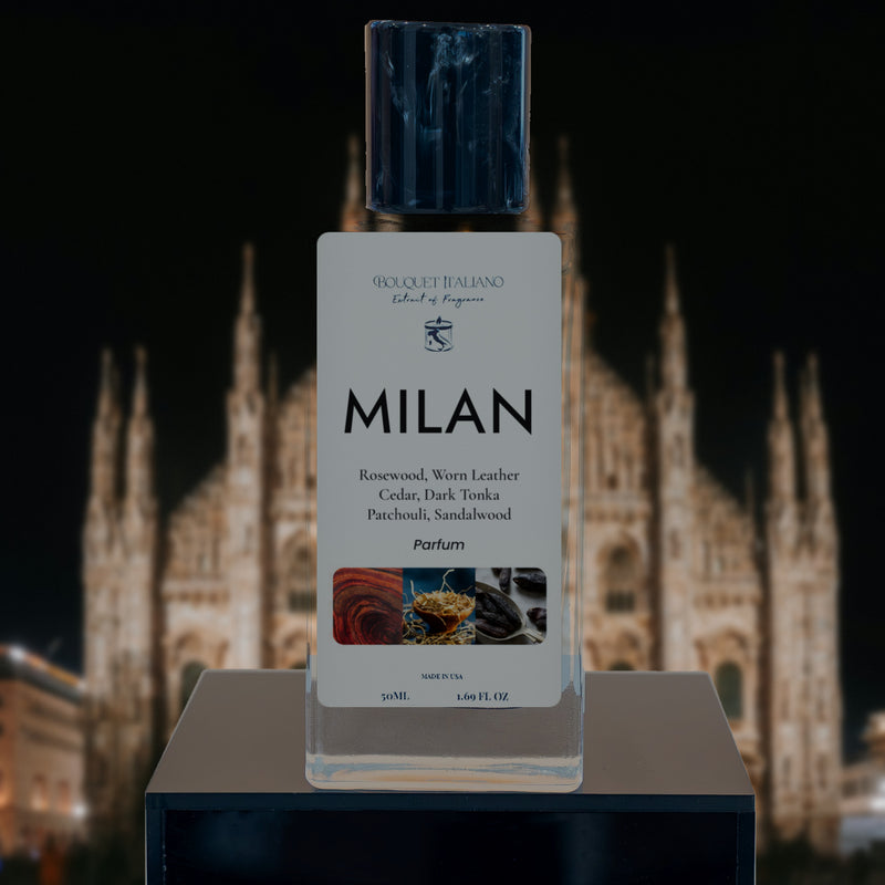 MILAN Luxury Travel Perfume 50 mL bottle with black cap, Milan Duomo lit behind at night
