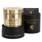 Milan Luxury Candle with its open black gift box on cream, studio still