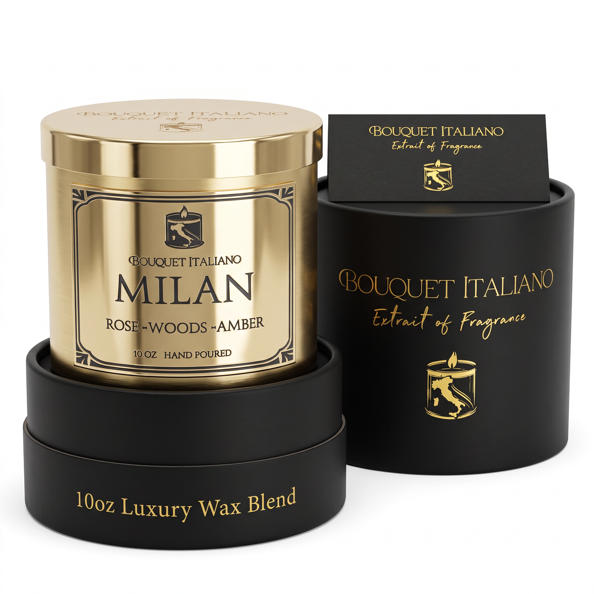 Milan Luxury Candle with its open black gift box on cream, studio still