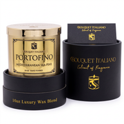 Portofino Luxury Candle with its open black gift box on cream, studio still